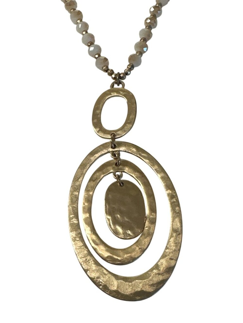 Beaded Pendant Necklace Gold-Tone Hammered Oval Boho Art to Wear Boho Career